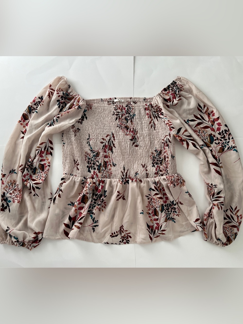 Smocked Off-Shoulder Floral Peplum Top - Blush 1X